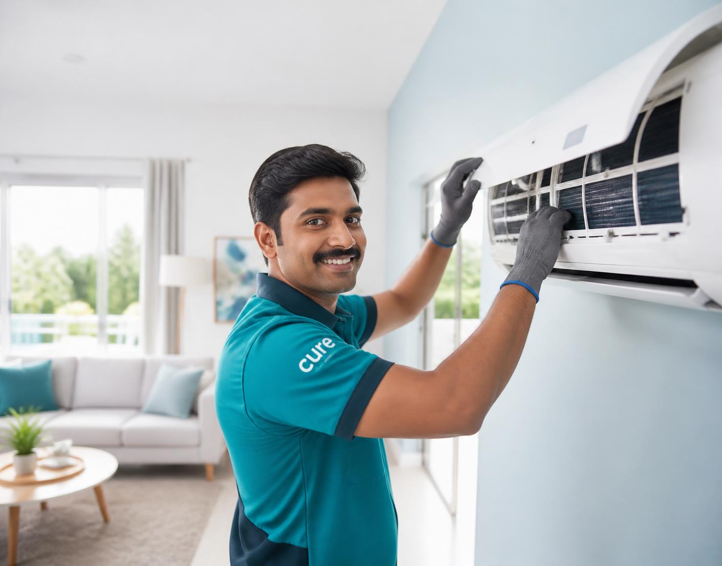 SevaPointX technician servicing an air conditioner in a customer's home